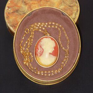 Vintage 1970's Cameo Perfume Locket Brooch / Pendant Necklace Combo Original Box